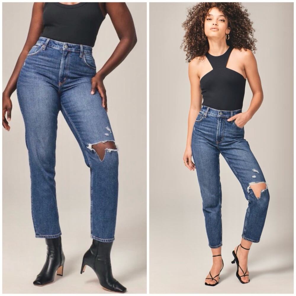 Abercrombie & Fitch The Mom High Rise Jeans Busted Knee Medium Wash Sz 28 / 6s